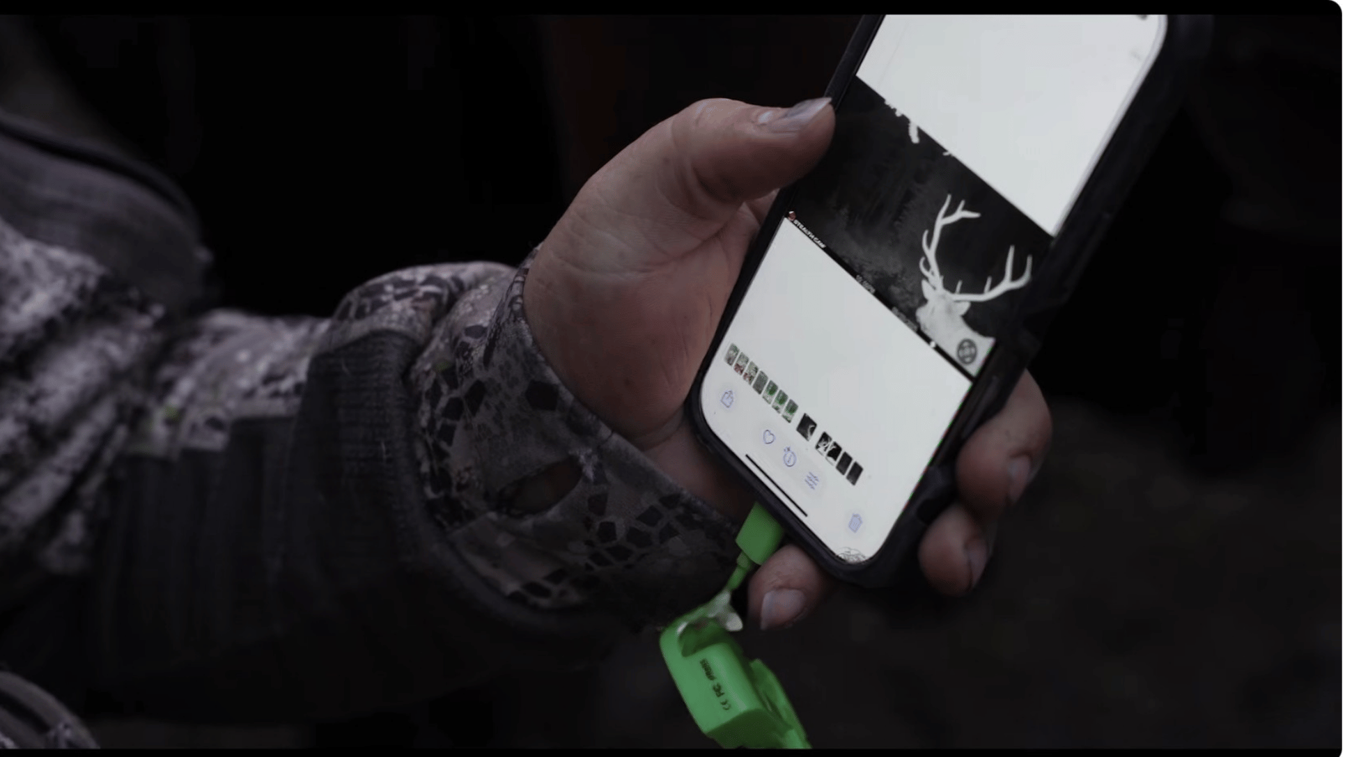 Elk hunter holding cell phone with trail camera view of large bull elk.