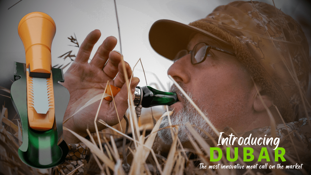 Waterfowl hunter in the blind running the DUBAR duck call