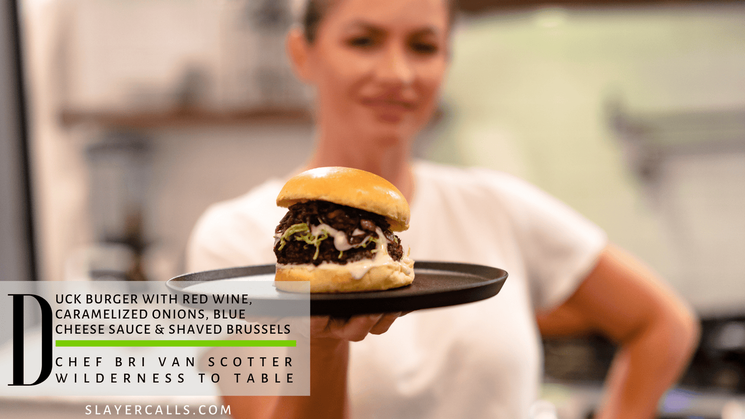 Duck burger with caramelized onions, blue cheese sauce and shaved Brussels