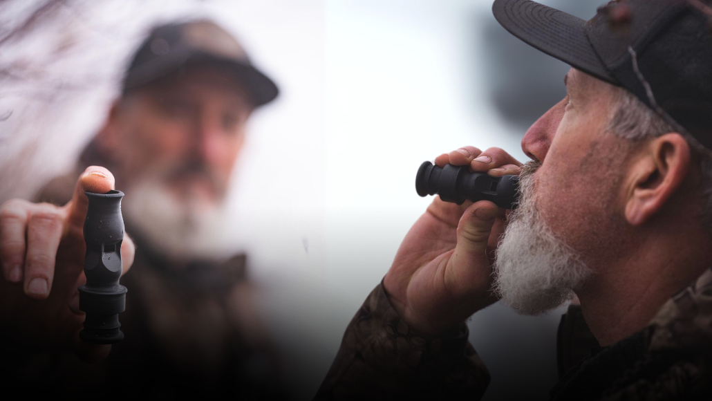 Waterfowl hunter using Whistler's Mother by Slayer Calls in the blind.