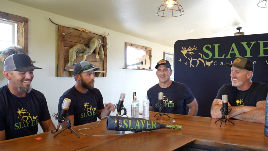 Slayer CEO, Bill Ayer sitting with Joe McCarthy, Tanner Hardy and Tommy Sessions discussing elk calling.