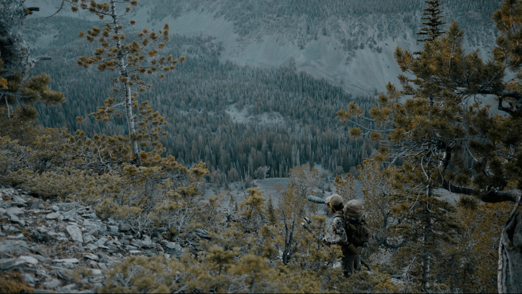 A hunter wearing camouflage and carrying a backpack stands on a steep, rocky mountainside covered in pine trees. The hunter looks out over a deep forested valley surrounded by rugged, tree-covered peaks.