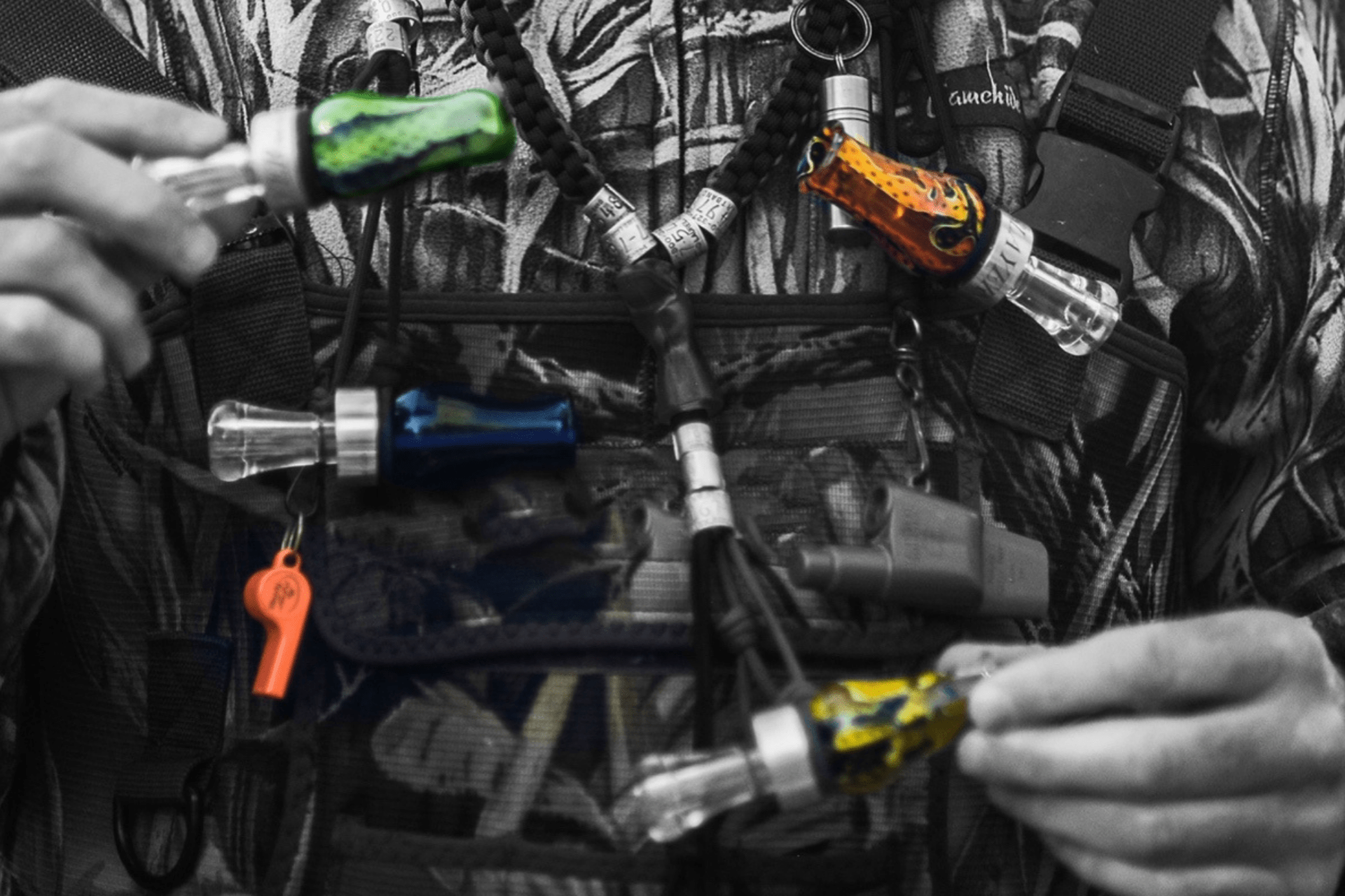 Hunter wearing lanyard with calls on it
