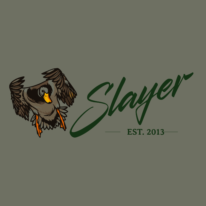 illustration of a cupped up mallard duck with Slayer logo in script on an army green backgound.