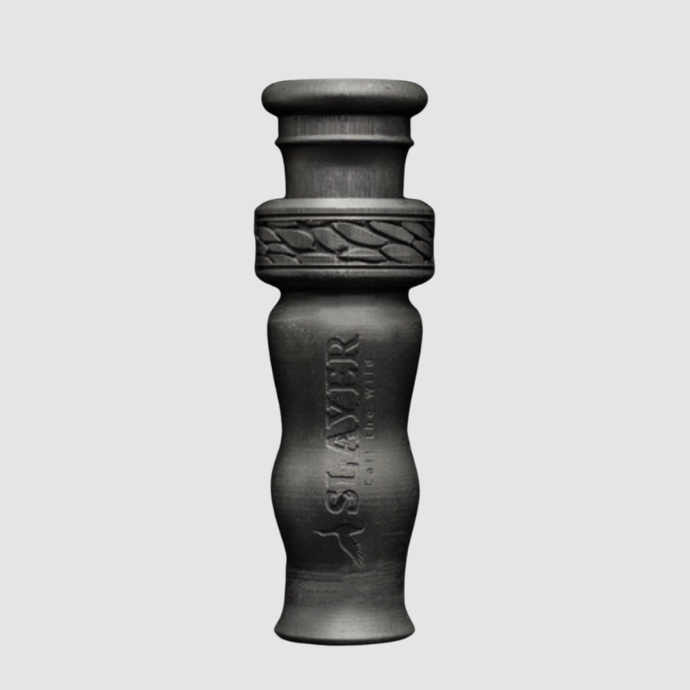A black duck whistle with two holes, one on the right and one on the left, to produce drake mallard, pintail, wigeon and teal sounds. White background.