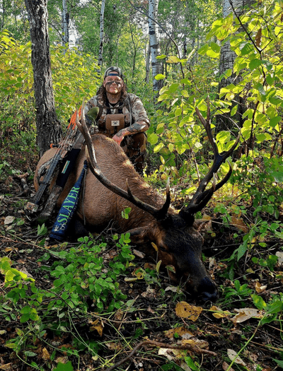 Hunter in woods with elk