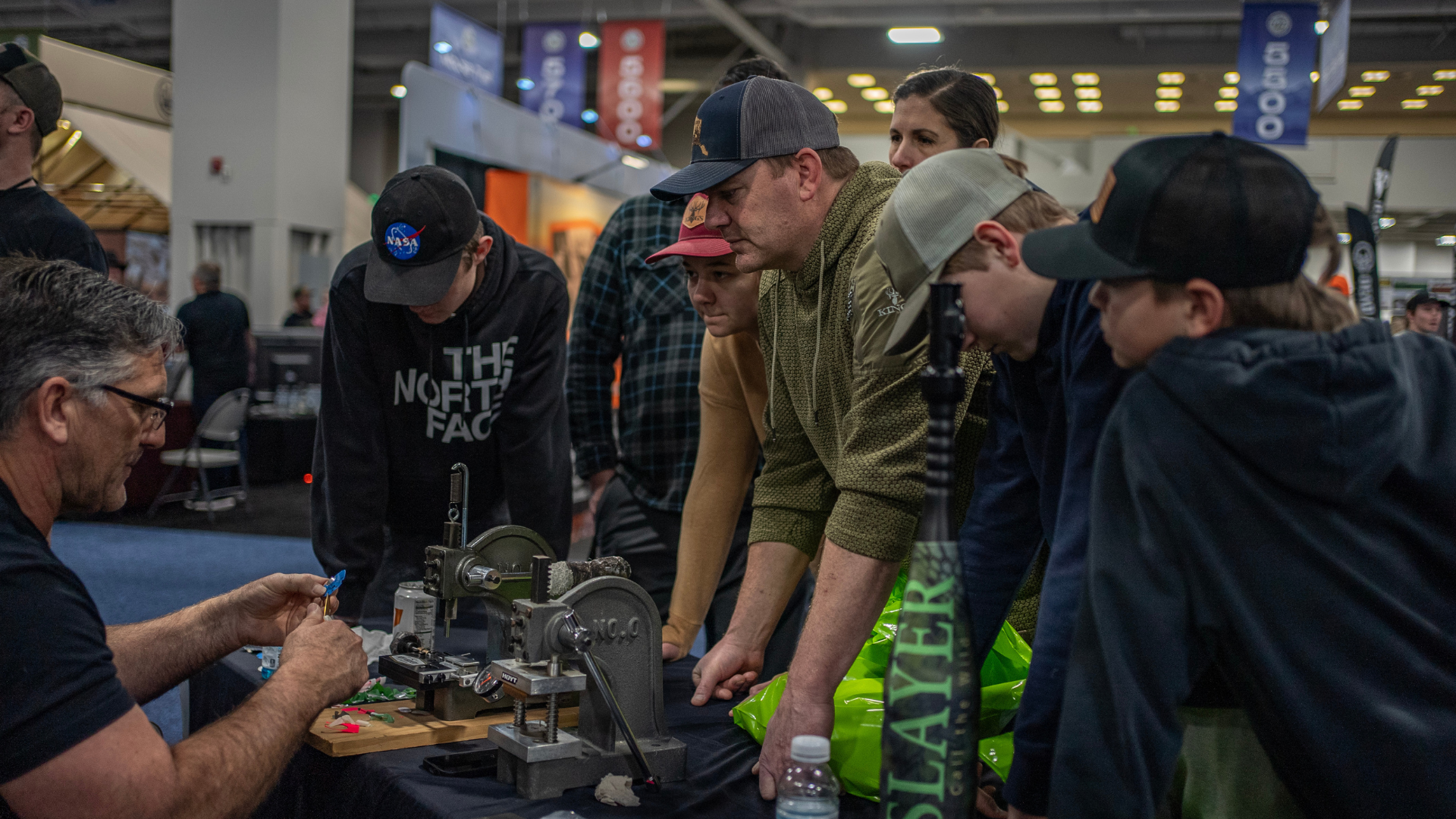 Group of hunters watching a call being made