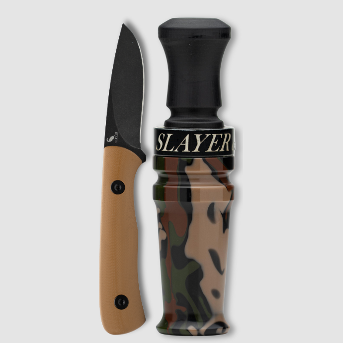 Slayer's limited edition acrylic camo Yolo duck call and Williams duck knife on a light gray background.