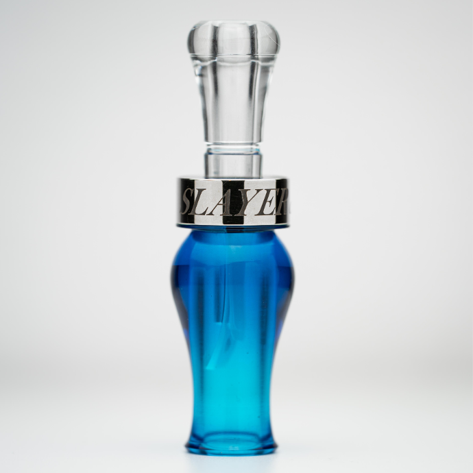 Glacier blue drake slayer acrylic duck call on a grey background.