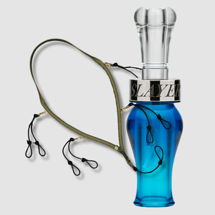 Glacier blue acrylic duck call with moss green leather lanyard.