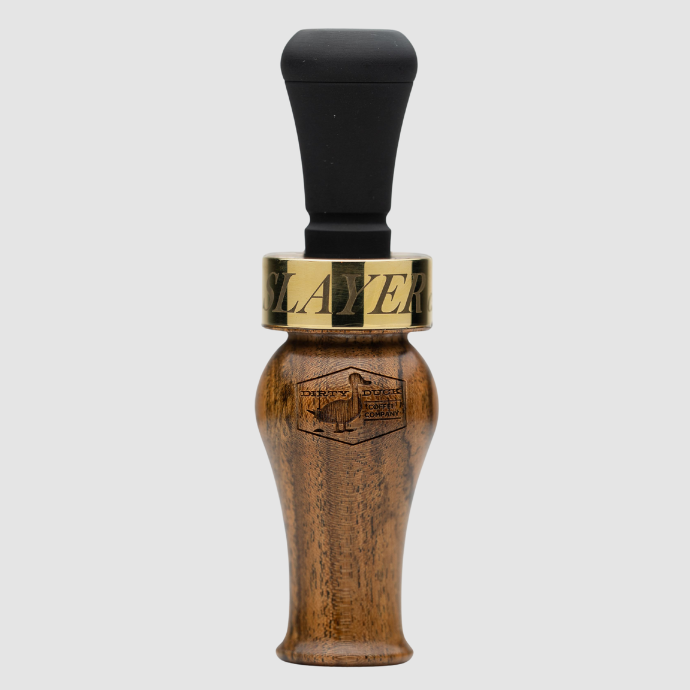 Limited run duck call featuring barrel crafted from bocote wood finished with the acrylic DUBAR soundboard. The barrel is engraved with the Dirty Duck logo and finished with a polished brass band.