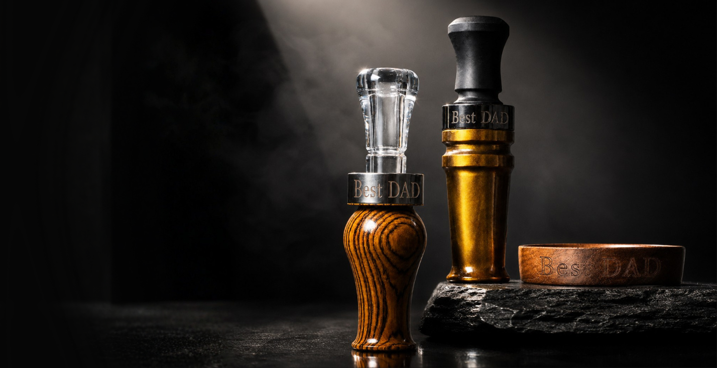Custom duck calls from Slayer Calls—the Suzie Slayer and Yolo Bypass duck calls pictured here with custom engraved bands that say Best Dad.