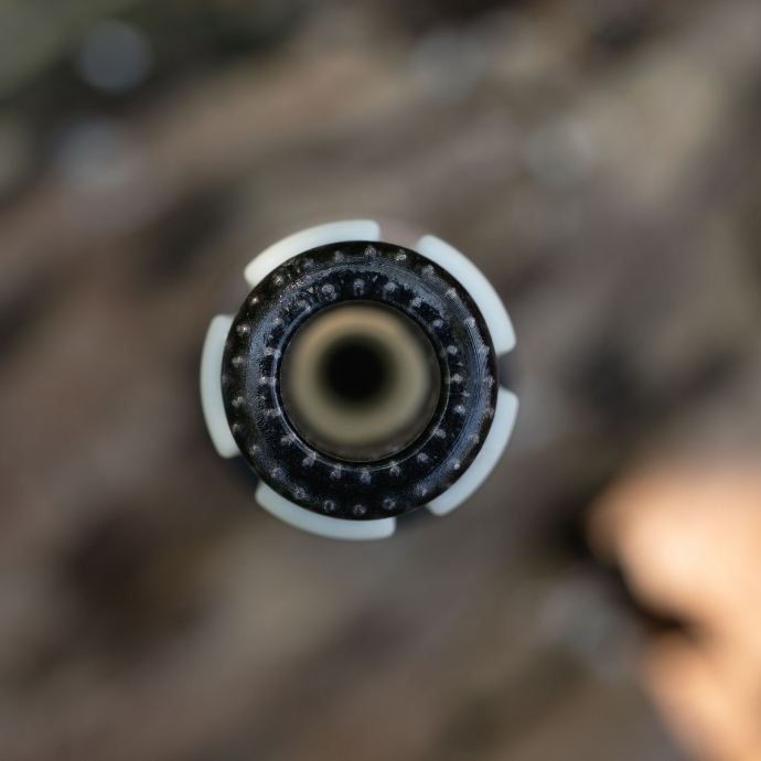 A close up top down view of the single reed ATC - Muller Chokes collaboration duck call showing wad replication.