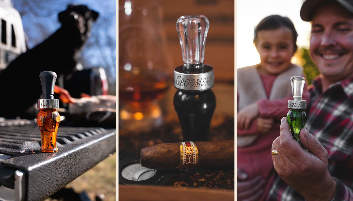 Collage of three images featuring personalized duck calls—each engraved to celebrate a special moment. Custom duck calls make the perfect gift this holiday season.