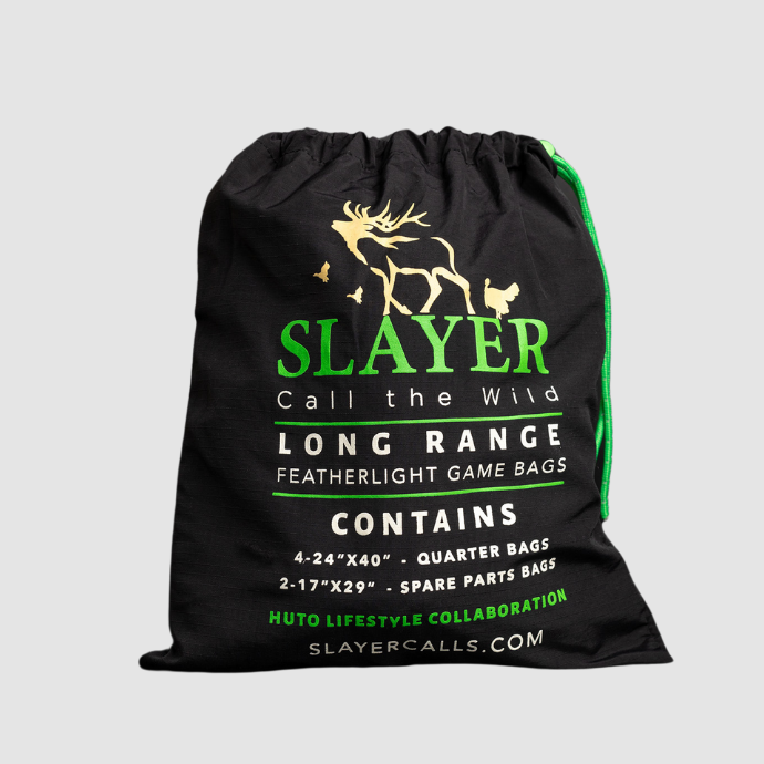 Reliable, featherlight elk game bags by Slayer Calls. 7 piece set including 4 quarter bags, 2 spare parts bags and convenient carrying sack.