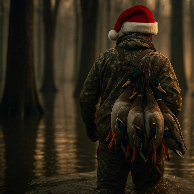 A duck hunter in camo and a Santa Claus hat wading through the water with harvested ducks hanging from lanyard