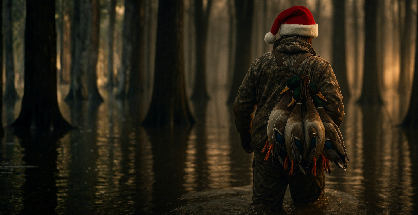 A duck hunter in camo and a Santa Claus hat wading through the water with harvested ducks hanging from lanyard