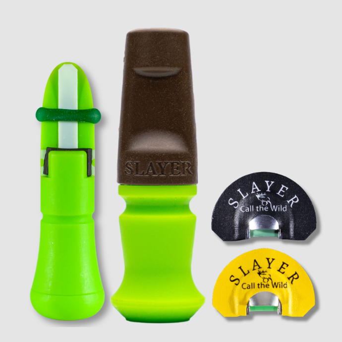Calf in distress elk calling kit. Image shows the Calf External Call, Harem elk call, Lolo elk reed and Musselshell elk diaphragm all designed to make someone sound like an elk in distress.