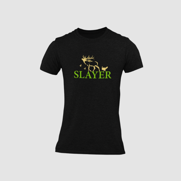 Black Slayer t-shirt featuring a yellow silhouette of an elk, turkey, and flying birds above the word “SLAYER” in bold green text, displayed on a plain background.
