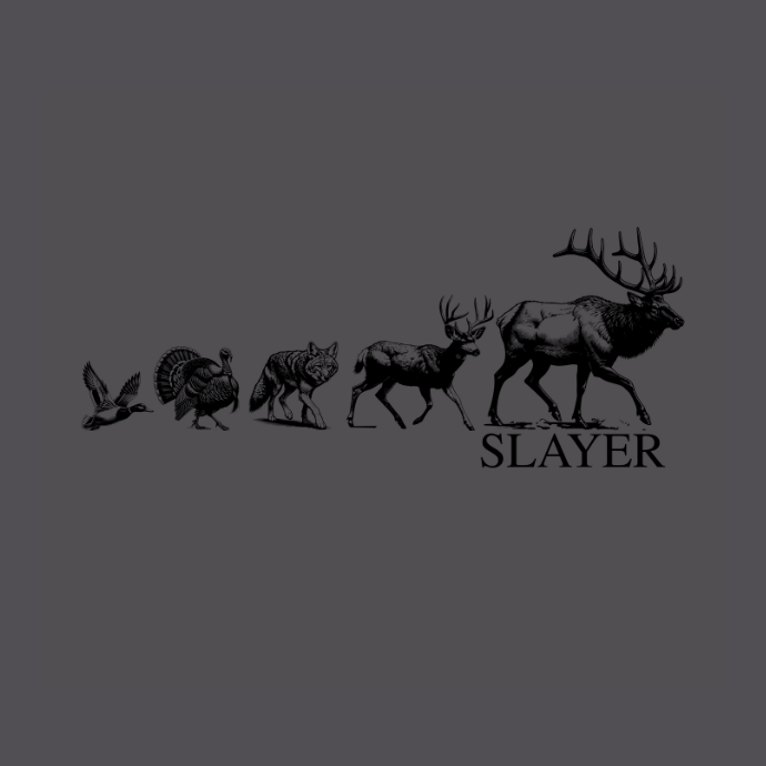 Illustrations of a duck, turkey, coyote, deer and elk with 'SLAYER' text on a brown background