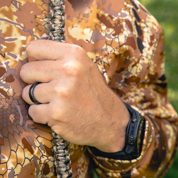 Close up view of Slayer's paracord strap for bugle tubes and elk calls