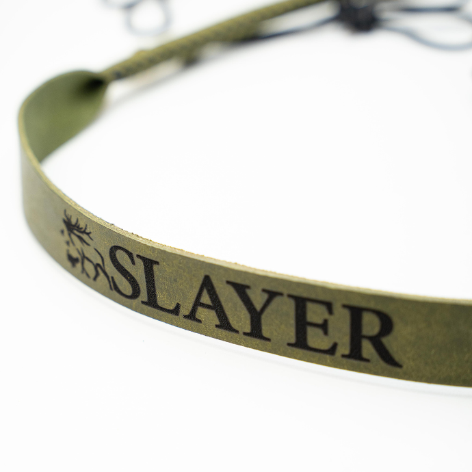 Moss green leather lanyard with 'SLAYER' branding on a white background
