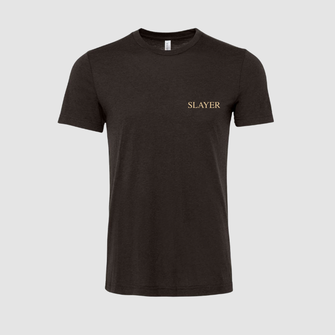 Sable brown t-shirt with 'SLAYER' logo on a light gray background