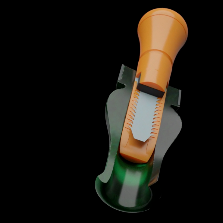 The DUBAR duck call in green and orange, cut in half to show the unique reed and soundboard—raspy and ducky.