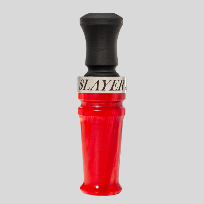 A red and black duck call with a silver band featuring the brand name 'SLAYER' in black lettering, set against a solid gray background.