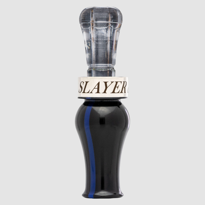 Hunter blowing the drake slayer single reed duck call in black death color