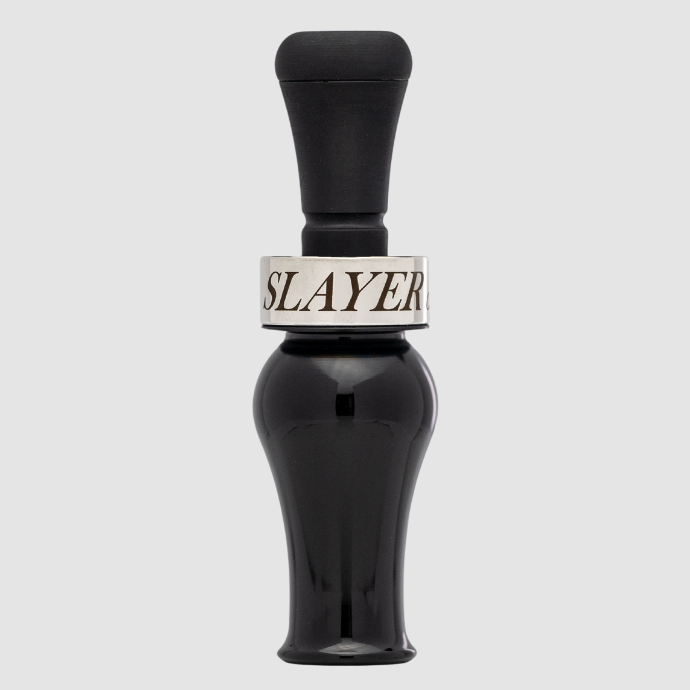 Slayer DUBAR double reed duck call in black acrylic with black insert and silver band — built for precision, volume, and smooth tone control in the field.