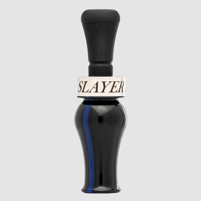 Slayer DUBAR double reed duck call in black with think blue line acrylic with black insert and silver band — built for precision, volume, and smooth tone control in the field.