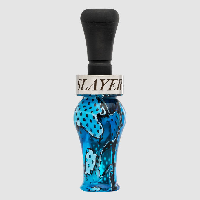 Slayer DUBAR double reed duck call in blue acrylic with black insert and silver band — built for precision, volume, and smooth tone control in the field.