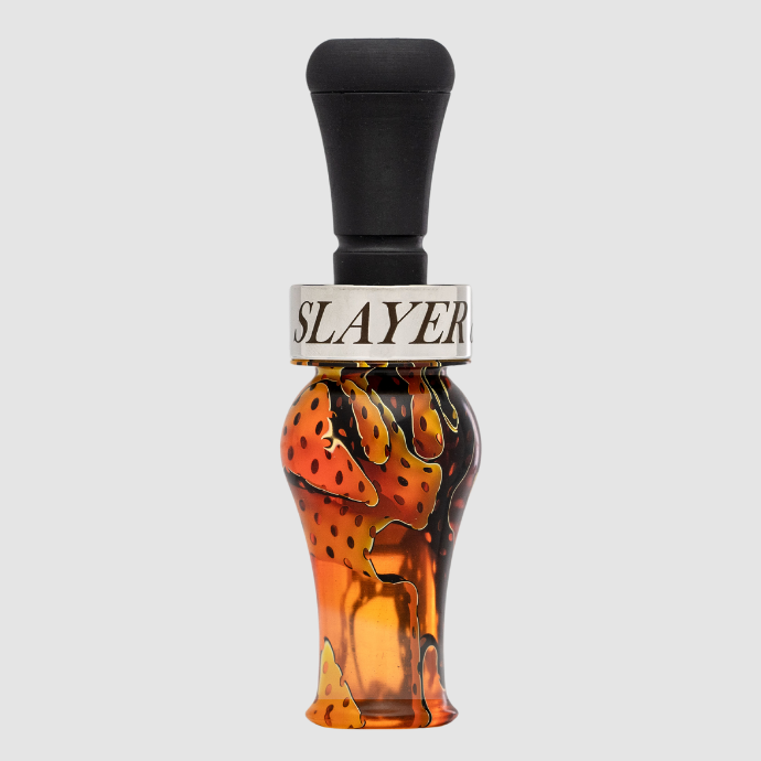 Slayer DUBAR double reed duck call in orange acrylic with black insert and silver band — built for precision, volume, and smooth tone control in the field.