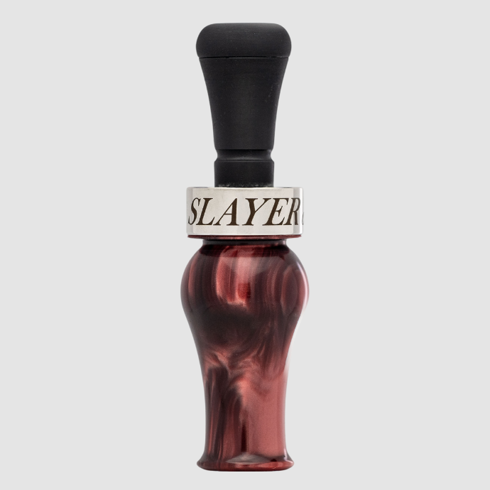 Slayer DUBAR double reed duck call in red acrylic with black insert and silver band — built for precision, volume, and smooth tone control in the field.