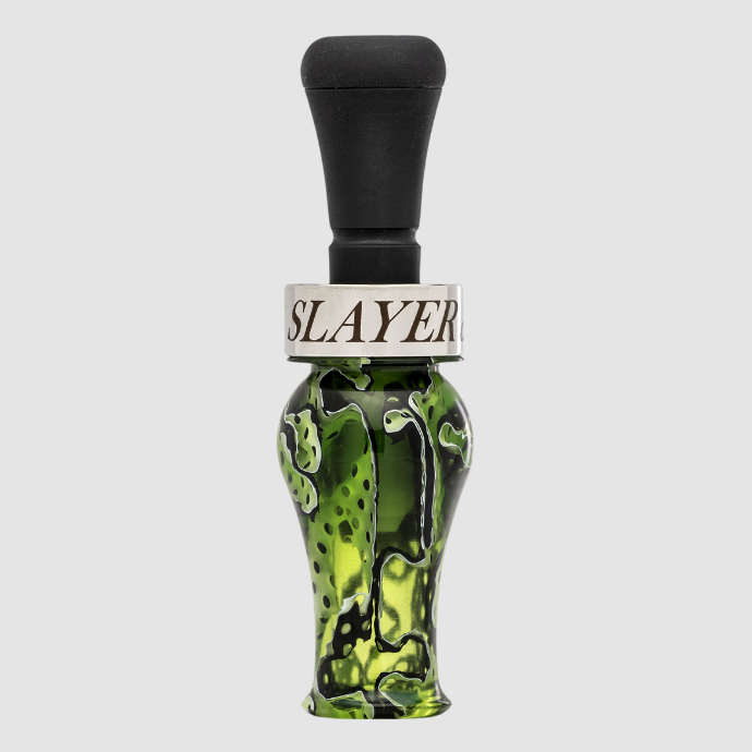 Slayer DUBAR double reed duck call in green acrylic with black insert and silver band — built for precision, volume, and smooth tone control in the field.