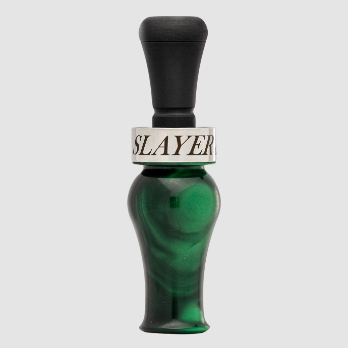 Slayer DUBAR double reed duck call in green pearl acrylic with black insert and silver band — built for precision, volume, and smooth tone control in the field.