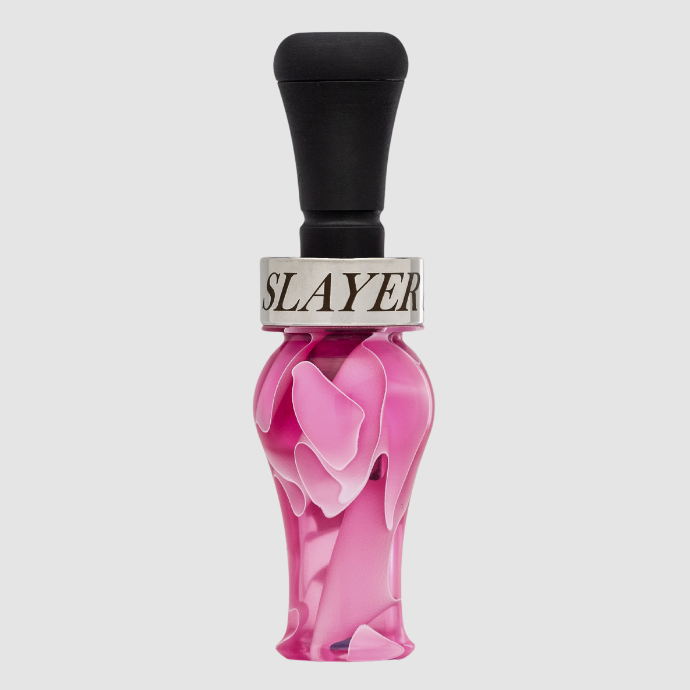 Slayer DUBAR double reed duck call in pink acrylic with black insert and silver band — built for precision, volume, and smooth tone control in the field.