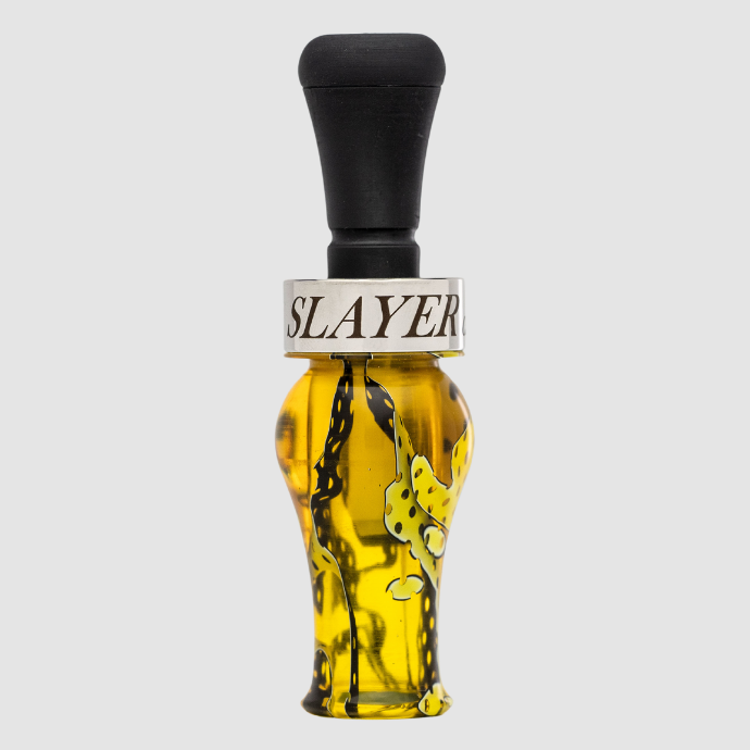 Slayer DUBAR double reed duck call in yellow acrylic with black insert and silver band — built for precision, volume, and smooth tone control in the field.