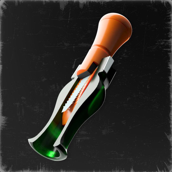 Cutaway view of the Slayer DUBAR double reed duck call showcasing its green pearl barrel, orange insert, and innovative freeze-resistant reed with sawtooth edges for improved airflow and performance.