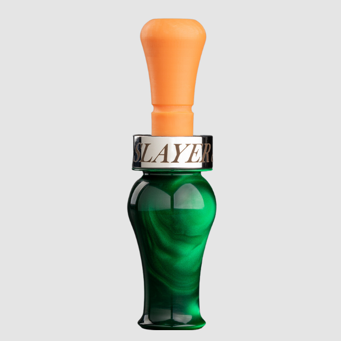 Close-up product image of the Slayer DUBAR single reed duck call in Green Pearl with bright orange insert, designed for reliable performance in the field.