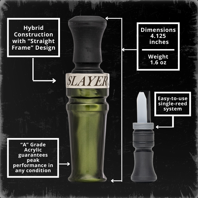 Slayer duck call with green acrylic barrel and black insert, shown with labeled features including single-reed system, straight frame design, 4.125” height, 1.6 oz weight, and premium “A” grade acrylic.