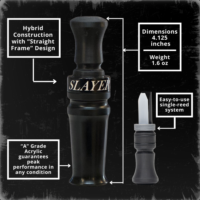 Slayer's Yolo Assassin, single-reed hybrid duck call with straight-frame design, acrylic body, and hybrid construction for all-weather performance.