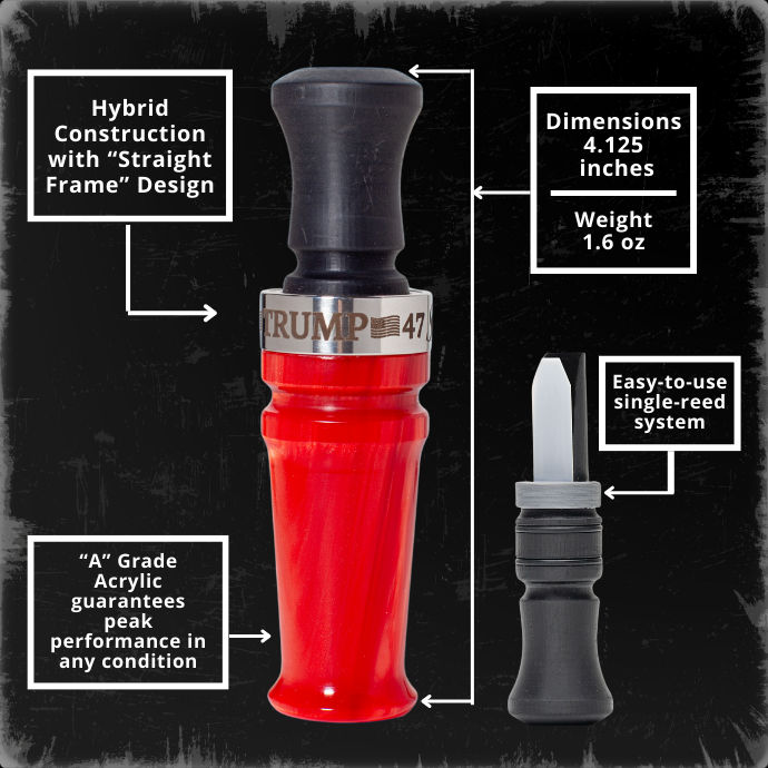 Diagram featuring the Yolo Bypass, Trump 47 Edition, Duck Call from Slayer Calls with details about the new straight frame design and single-reed system.