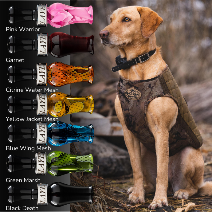 Ranger duck call color options from Slayer Calls, including Pink Warrior, Garnet, Citrine Water Mesh, Yellow Jacket Mesh, Blue Wing Mesh, Green Marsh, and Black Death — featured with hunting dog in camo vest from the Field & Stream duck call bundle.