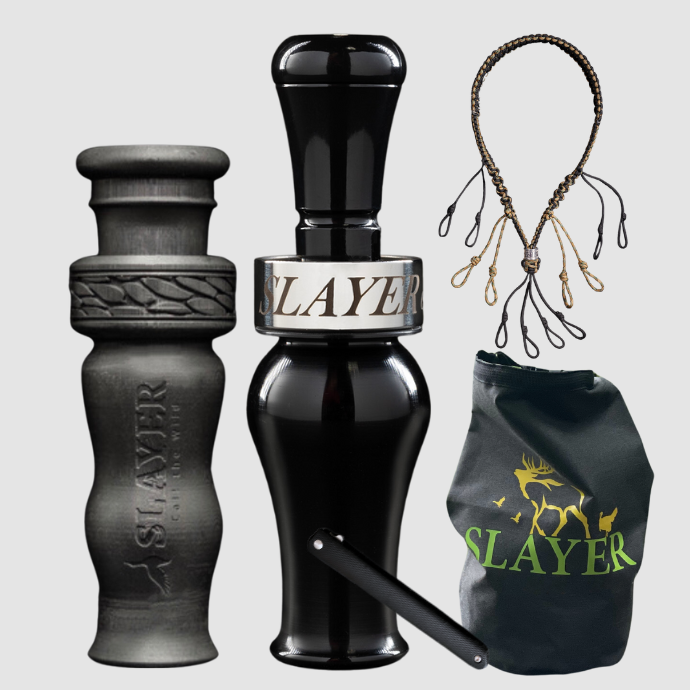 Slayer Calls duck call and duck whistle bundle with Slayer's Ranger duck call in black, 4-in-1 duck whistle, lanyard, field dressing tool, and dry bag featuring SLAYER logo.