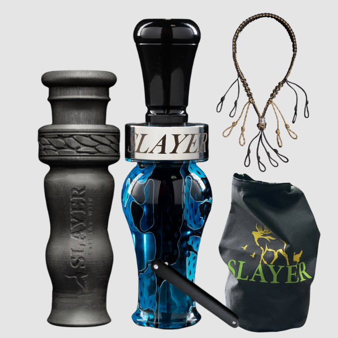 Slayer Calls duck call and duck whistle bundle with Slayer's Ranger duck call in blue, 4-in-1 duck whistle, lanyard, field dressing tool, and dry bag featuring SLAYER logo.