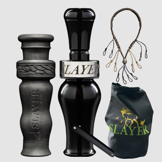 Slayer Calls duck call and duck whistle bundle with Slayer's Ranger duck call in black, 4-in-1 duck whistle, lanyard, field dressing tool, and dry bag featuring SLAYER logo.