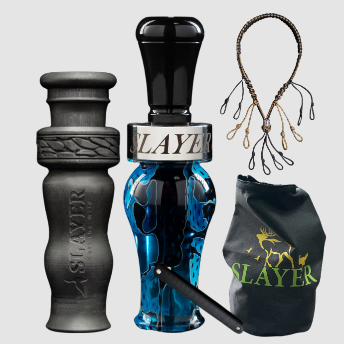 Slayer Calls duck call and duck whistle bundle with Slayer's single reed Ranger duck call in blue, 4-in-1 duck whistle, lanyard, field dressing tool, and dry bag featuring SLAYER logo.