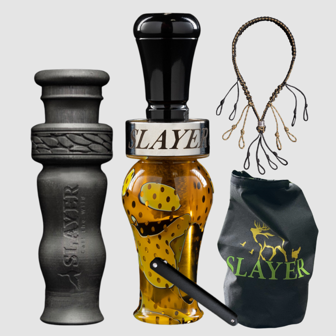 Slayer Calls duck call and duck whistle bundle with Slayer's single reed Ranger duck call in yellow, 4-in-1 duck whistle, lanyard, field dressing tool, and dry bag featuring SLAYER logo.